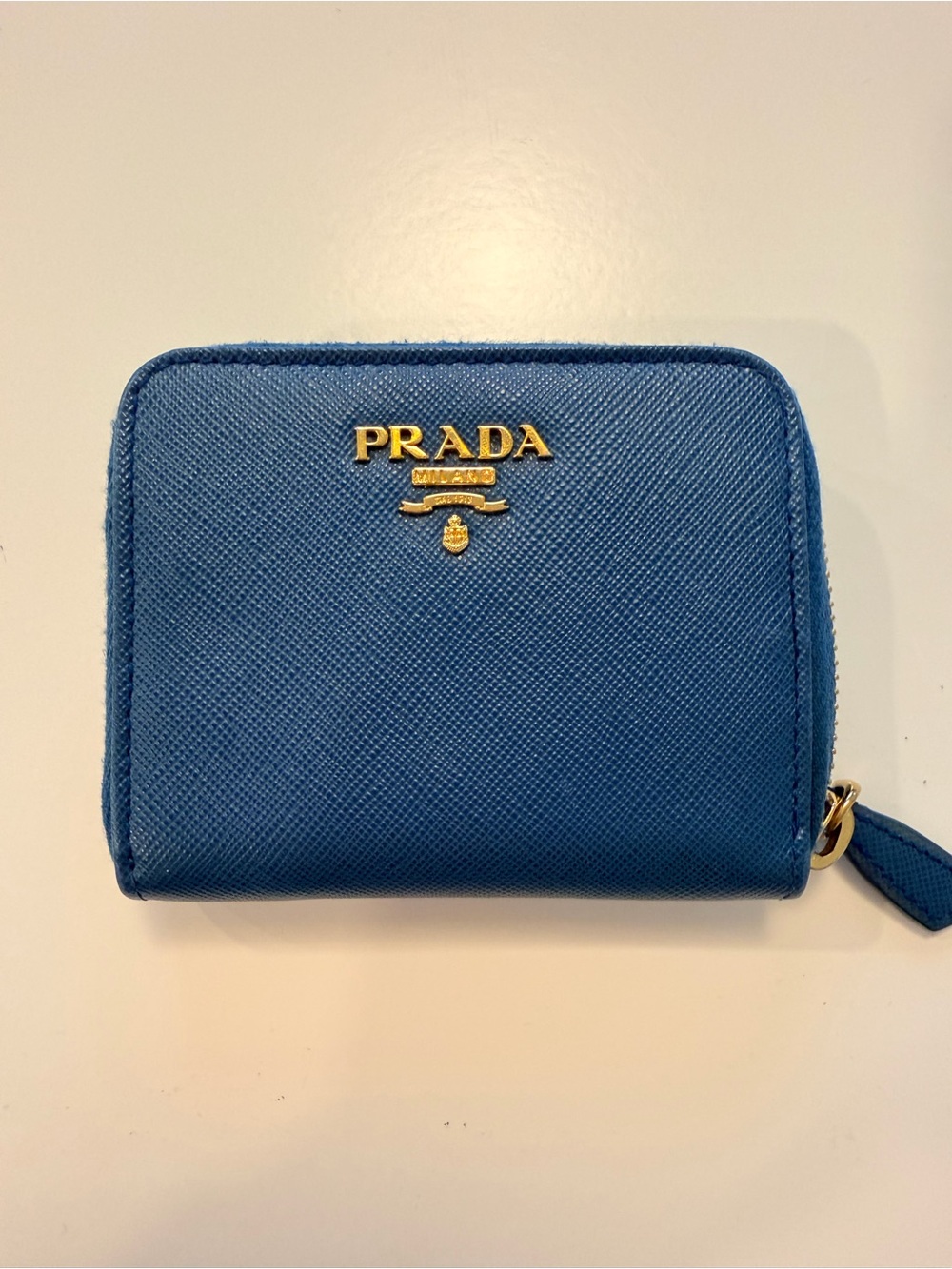 Prada Blue Saffiano Zip-Around Card Wallet with Gold Logo